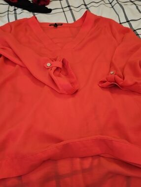 Red V-Neck Roll-Sleeve Women's Blouse.express